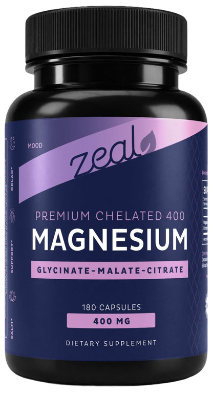 Zeal Naturals Triple Magnesium Complex Supplement - Glycinate, Malate, Citrate | 400mg, 180 Capsules | High Absorption Chelated Magnesium for Sleep, Mood, Muscle Recovery, Relaxation - Maple Wellness Supplements