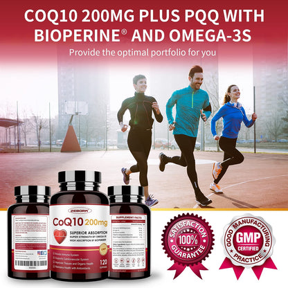 ZEBORA CoQ10-200mg-Softgels with PQQ, BioPerine & Omega-3, 120 Servings Coenzyme Q10(Ubiquinone) Supplement for High-Absorption, Powerful-Antioxidant - Maple Wellness Supplements