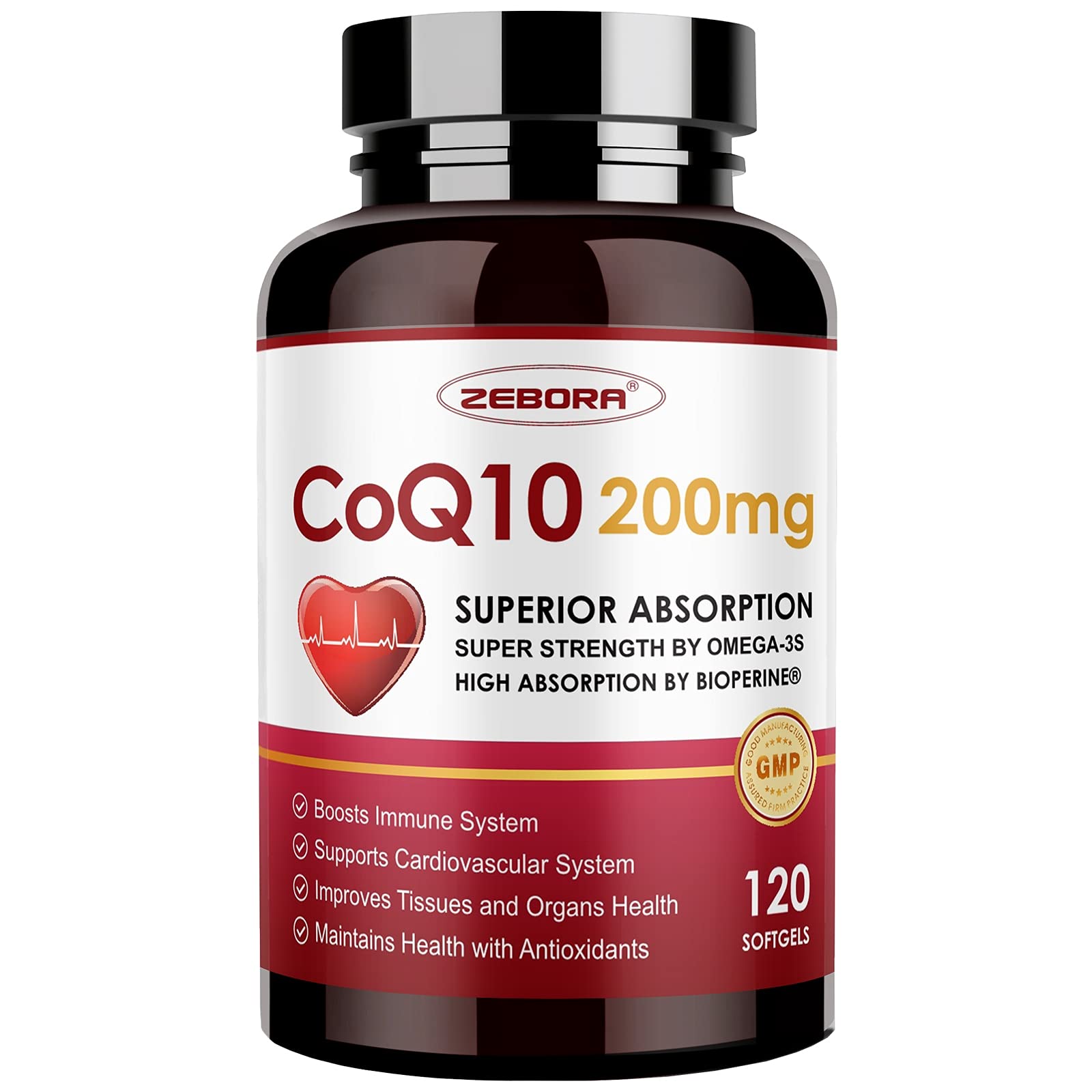 ZEBORA CoQ10-200mg-Softgels with PQQ, BioPerine & Omega-3, 120 Servings Coenzyme Q10(Ubiquinone) Supplement for High-Absorption, Powerful-Antioxidant - Maple Wellness Supplements
