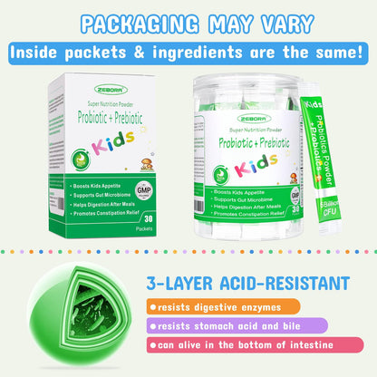 ZEBORA Kids Probiotic & Prebiotics Powder Age 3+ Support Children's Digestive & Immune System with Natural Source, Promotes Constipation Relief, Non-GMO - Maple Wellness Supplements