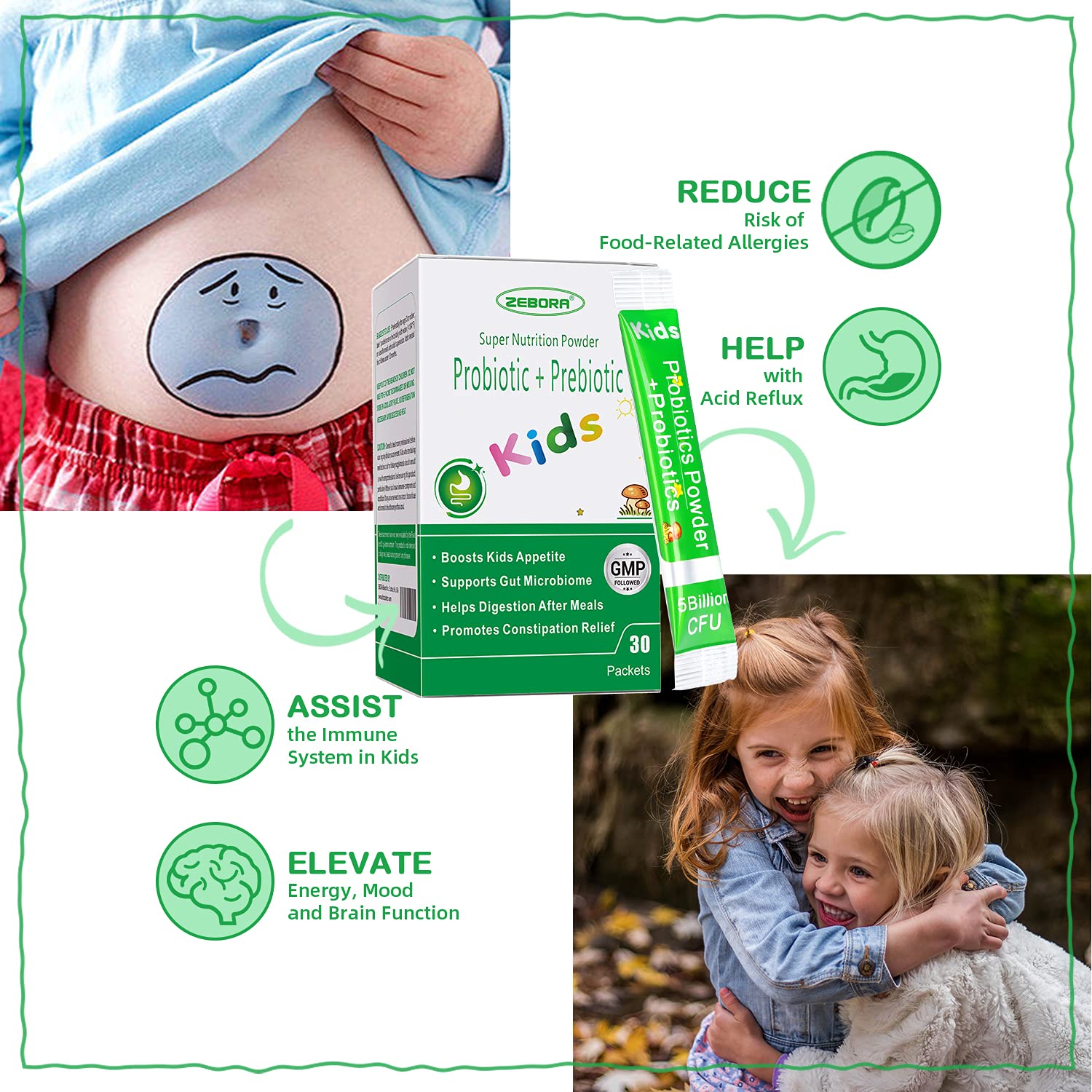 ZEBORA Kids Probiotic & Prebiotics Powder Age 3+ Support Children's Digestive & Immune System with Natural Source, Promotes Constipation Relief, Non-GMO - Maple Wellness Supplements