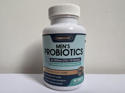 ZEBORA Probiotics for Men and Prebiotics for Digestive Health, 90 Tablets, 60 Billion CFUs for Immune and Gut Health, 10 Strains, Hypoallergenic Probiotics, - Maple Wellness Supplements