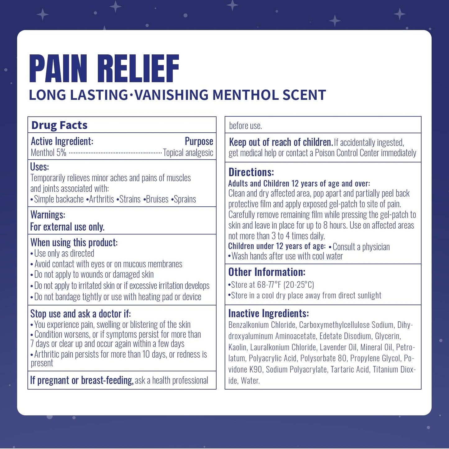 ZEEY 5% Menthol Overnight Pain Relief Patches, French Lavender Oil Pain Patch for Back, Knee, Neck, Shoulders, Joints, Muscle Soreness, Fast Acting, Topical Analgesic, Gel Patch, 3.94" x 2.76", 5Ct - Maple Wellness Supplements