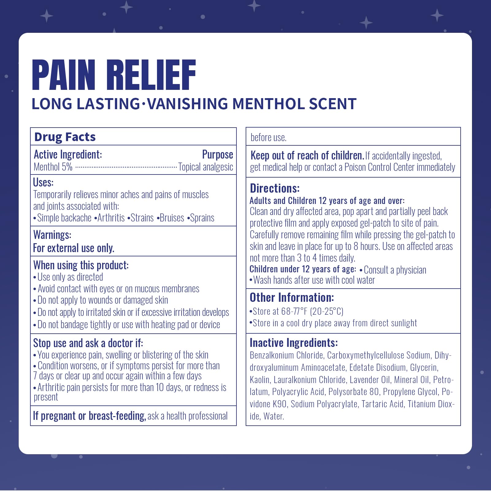 ZEEY 5% Menthol Overnight Pain Relief Patches, French Lavender Oil Pain Patch for Back, Knee, Neck, Shoulders, Joints, Muscle Soreness, Fast Acting, Topical Analgesic, Gel Patch, 3.94" x 2.76", 5Ct - Maple Wellness Supplements
