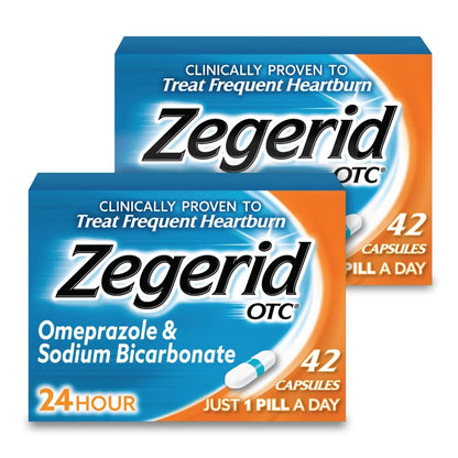 Zegerid OTC, 24-Hour Heartburn Relief, Acid Reflux Medicine and Antacid, Treats Frequent Heartburn, Omeprazole 20mg + Sodium Bicarbonate, Proton Pump Inhibitor (PPI), Two 42ct Cartons - Maple Wellness Supplements