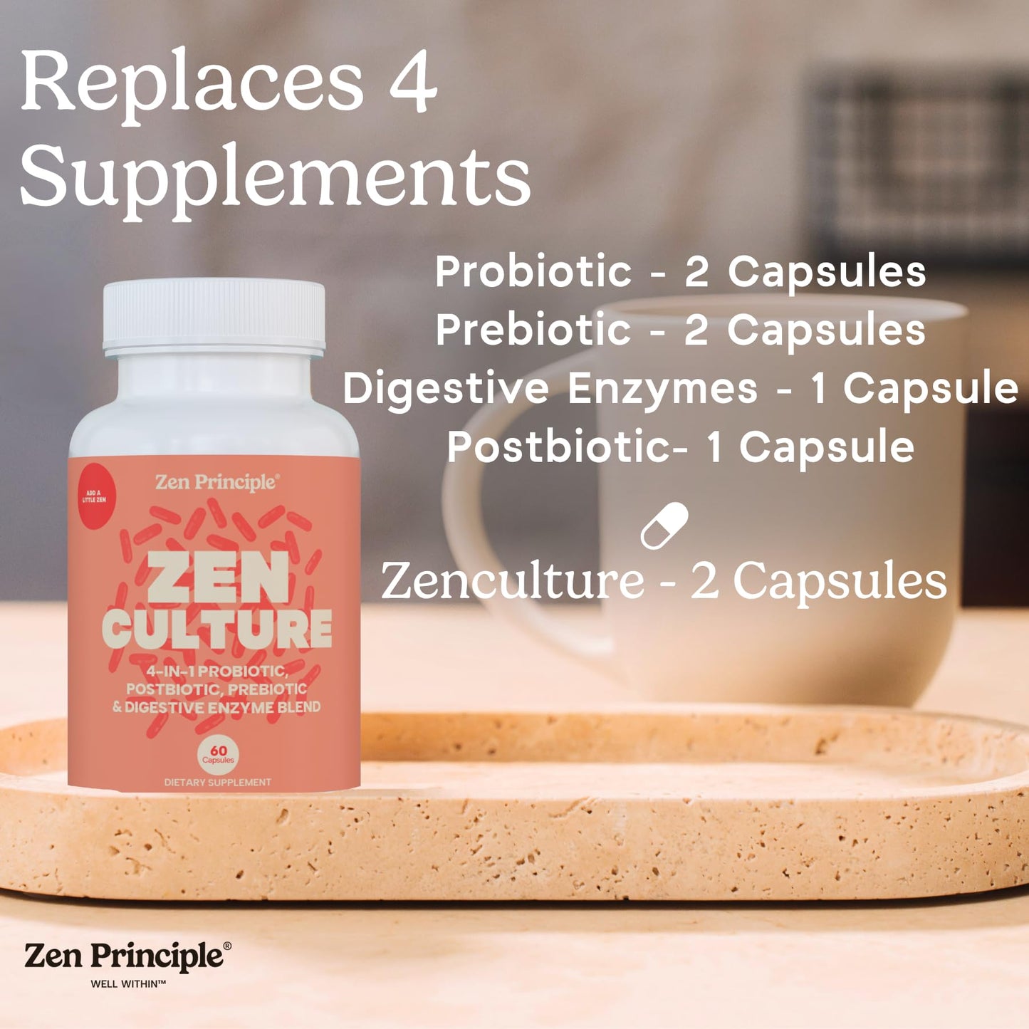 Zen Principle Zenculture™ – 4-in-1 Synbiotic Supplement (Probiotic + Prebiotic + Postbiotic + Digestive Enzymes) with CoreBiome®. Anti Bloating, - Maple Wellness Supplements