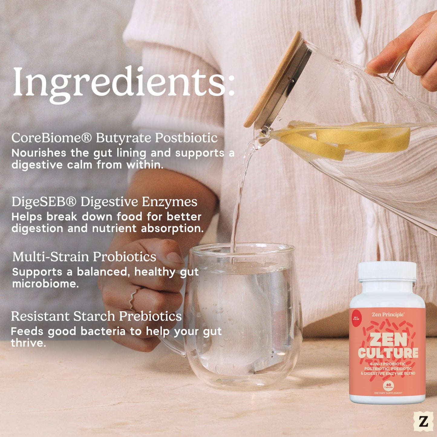 Zen Principle Zenculture™ – 4-in-1 Synbiotic Supplement (Probiotic + Prebiotic + Postbiotic + Digestive Enzymes) with CoreBiome®. Anti Bloating - Maple Wellness Supplements