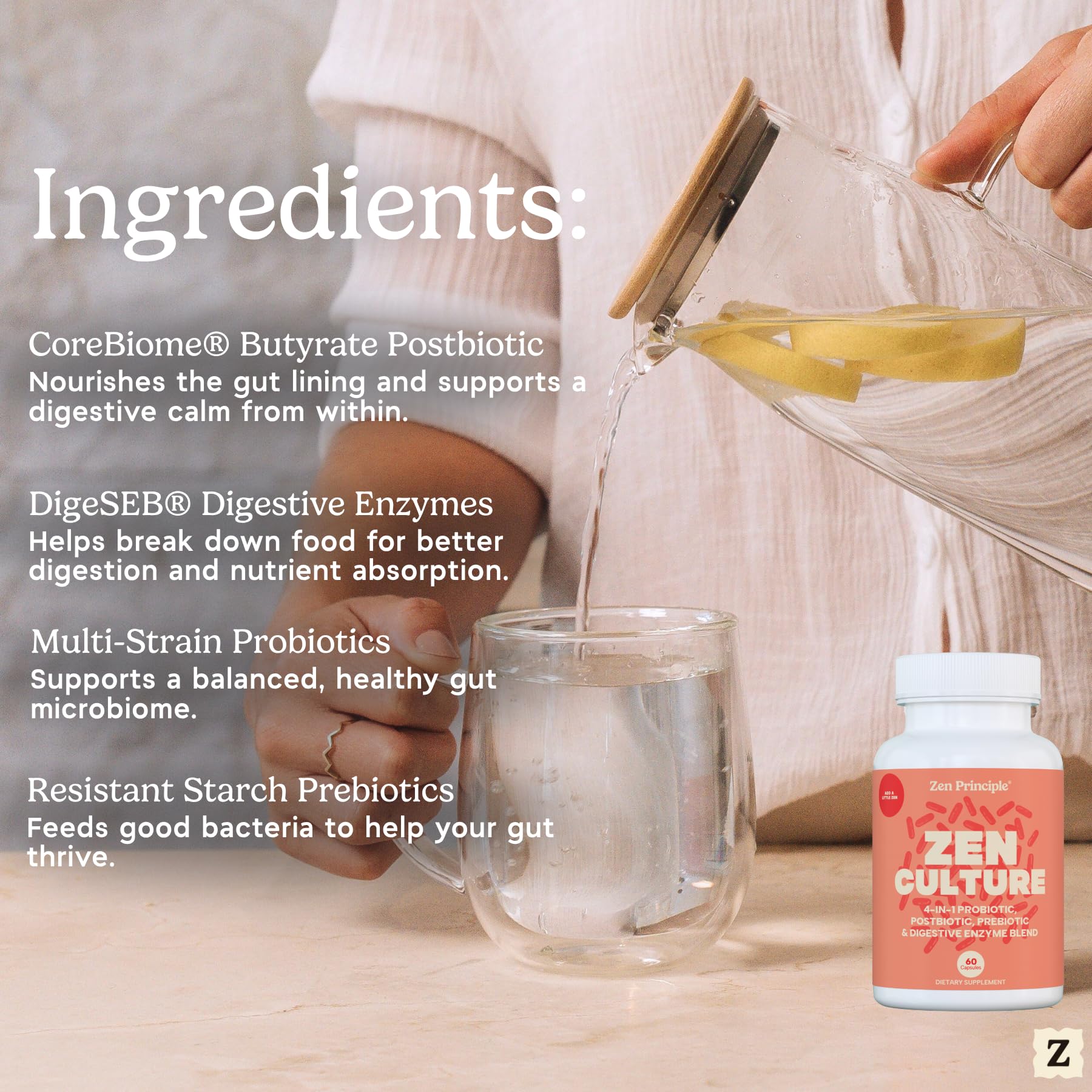 Zen Principle Zenculture™ – 4-in-1 Synbiotic Supplement (Probiotic + Prebiotic + Postbiotic + Digestive Enzymes) with CoreBiome®. Anti Bloating - Maple Wellness Supplements