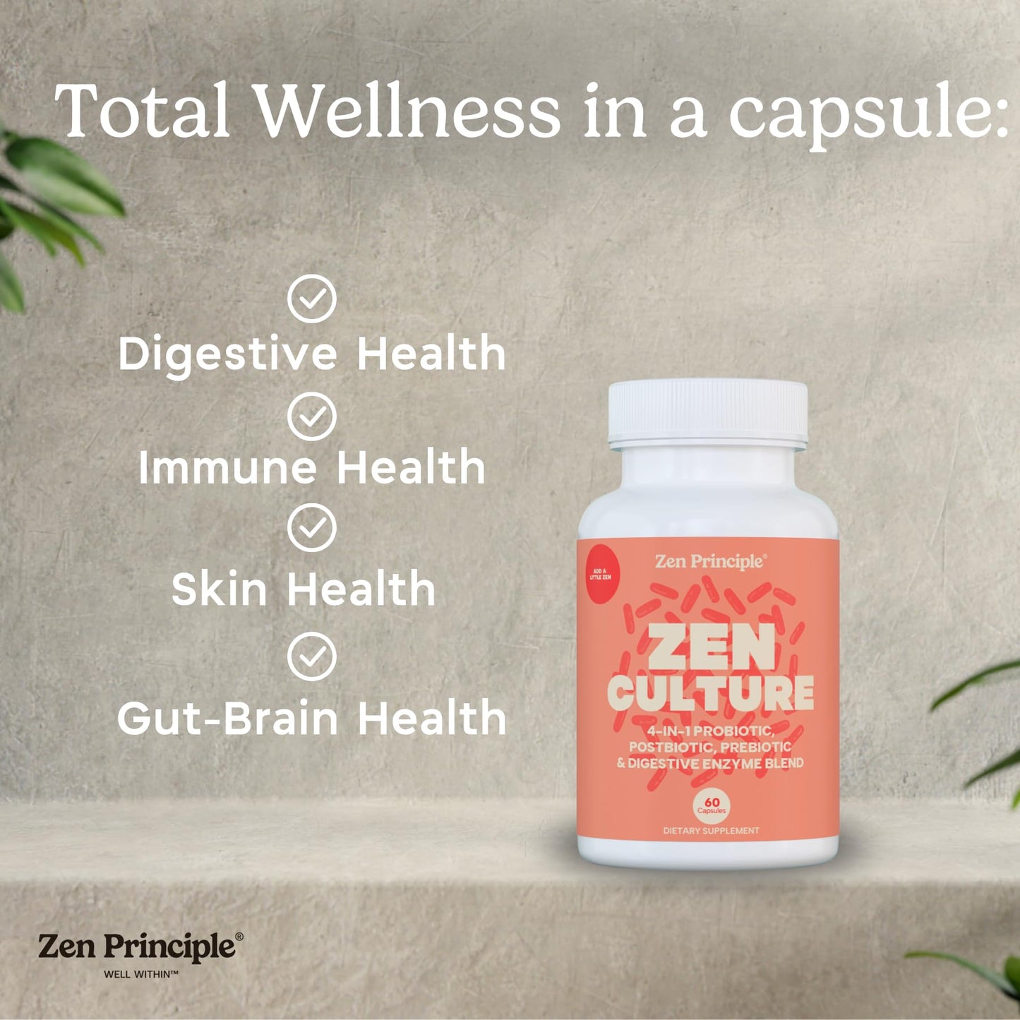 Zen Principle Zenculture™ – 4-in-1 Synbiotic Supplement (Probiotic + Prebiotic + Postbiotic + Digestive Enzymes) with CoreBiome®. Anti Bloating, - Maple Wellness Supplements