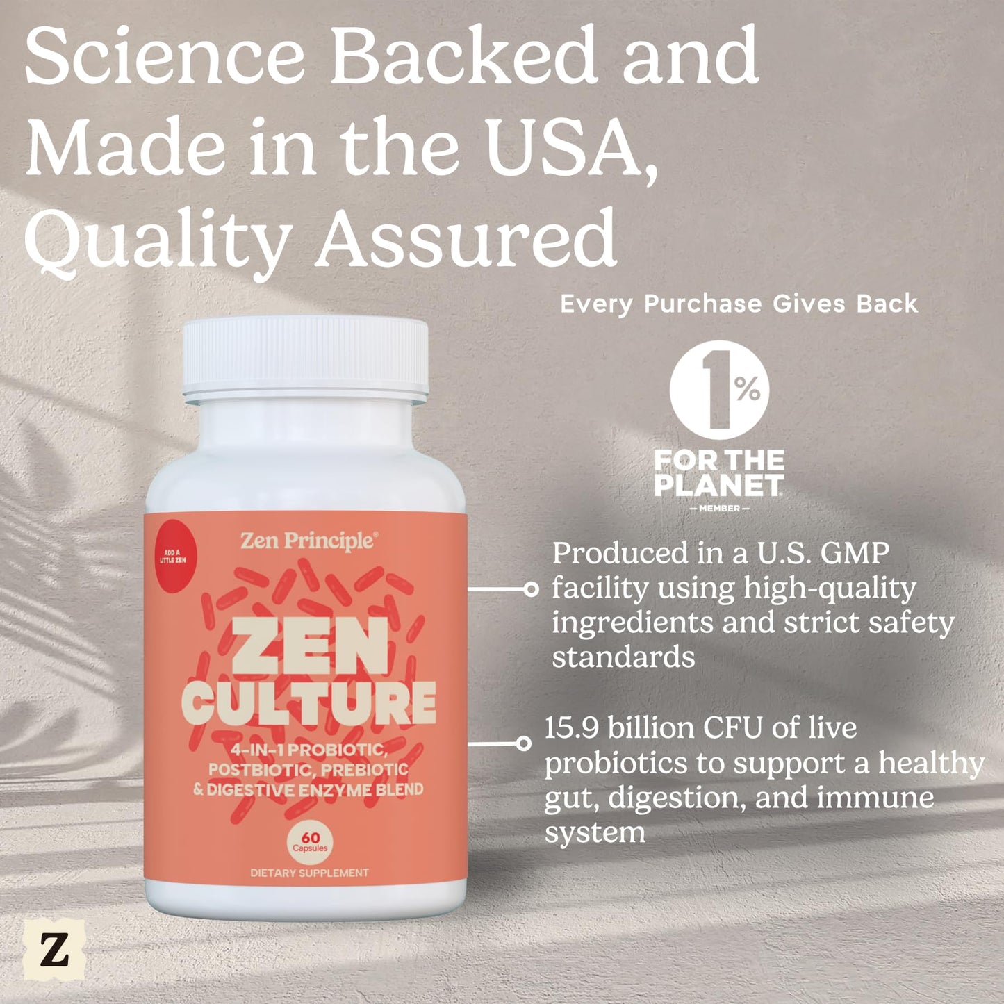 Zen Principle Zenculture™ – 4-in-1 Synbiotic Supplement (Probiotic + Prebiotic + Postbiotic + Digestive Enzymes) with CoreBiome®. Anti Bloating - Maple Wellness Supplements