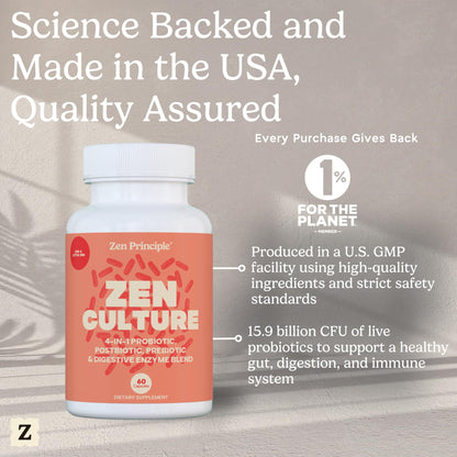 Zen Principle Zenculture™ – 4-in-1 Synbiotic Supplement (Probiotic + Prebiotic + Postbiotic + Digestive Enzymes) with CoreBiome®. Anti Bloating - Maple Wellness Supplements