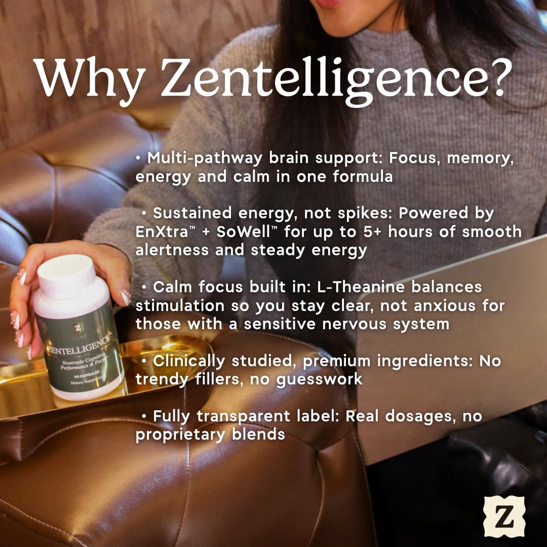 Zen Principle Zentelligence™ Focus Nootropic Supplement for Students & Professionals | Energy, Memory & Stress Support | Jitter-Free Formula with L-Theanine, Ginkgo Biloba, Huperzine A. 90 Capsules - Maple Wellness Supplements
