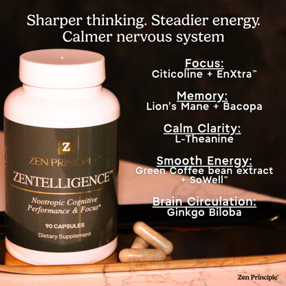 Zen Principle Zentelligence™ Focus Nootropic Supplement for Students & Professionals | Energy, Memory & Stress Support | Jitter-Free Formula with L-Theanine, Ginkgo Biloba, Huperzine A. 90 Capsules - Maple Wellness Supplements