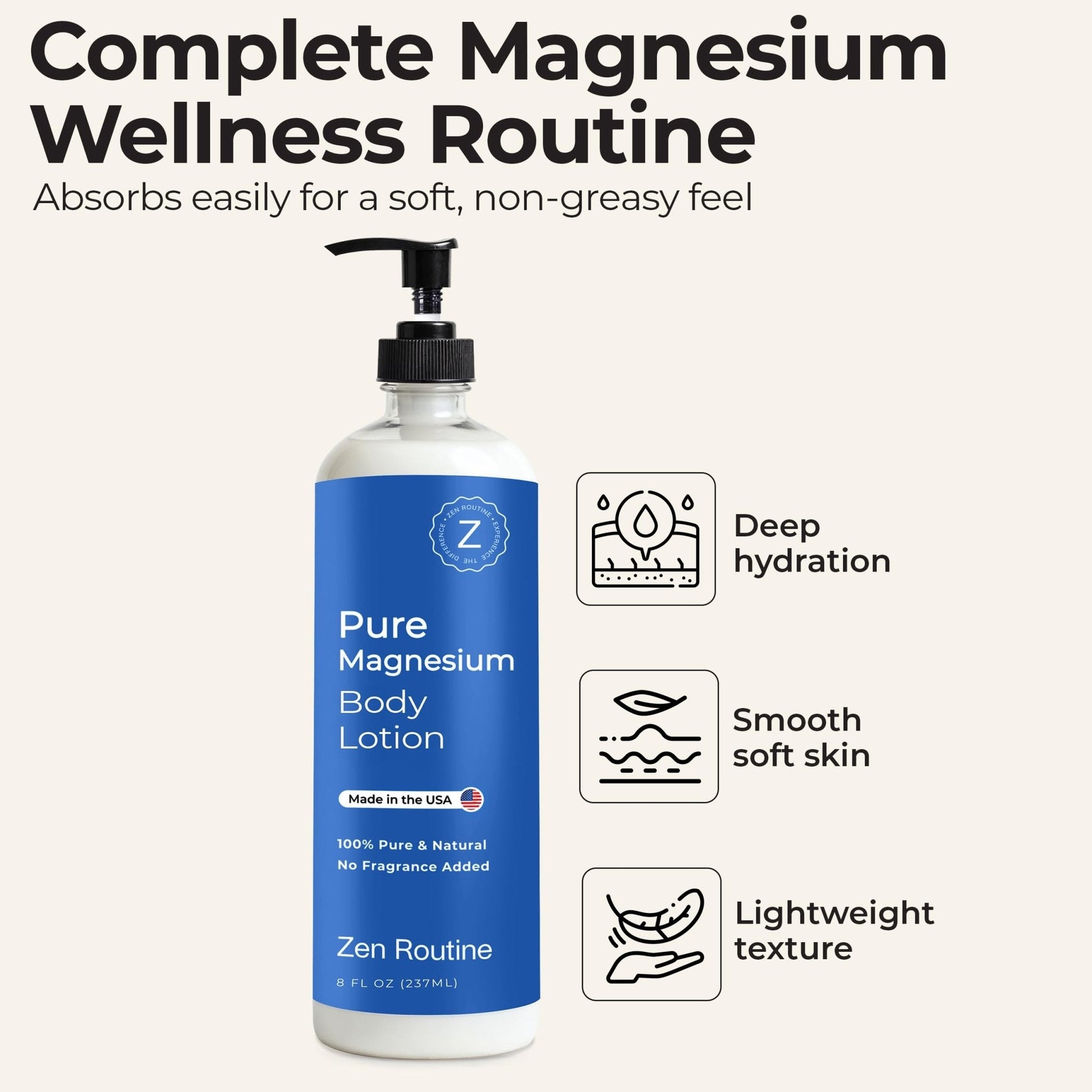 Zen Routine Magnesium Lotion for Sleep, Leg Cramps & Muscle Soreness with Shea Butter | Award-Winning Cream For Sleep – Safe for Kids – Unscented, Non-Greasy, Ultra Soothing – Made in USA - Maple Wellness Supplements