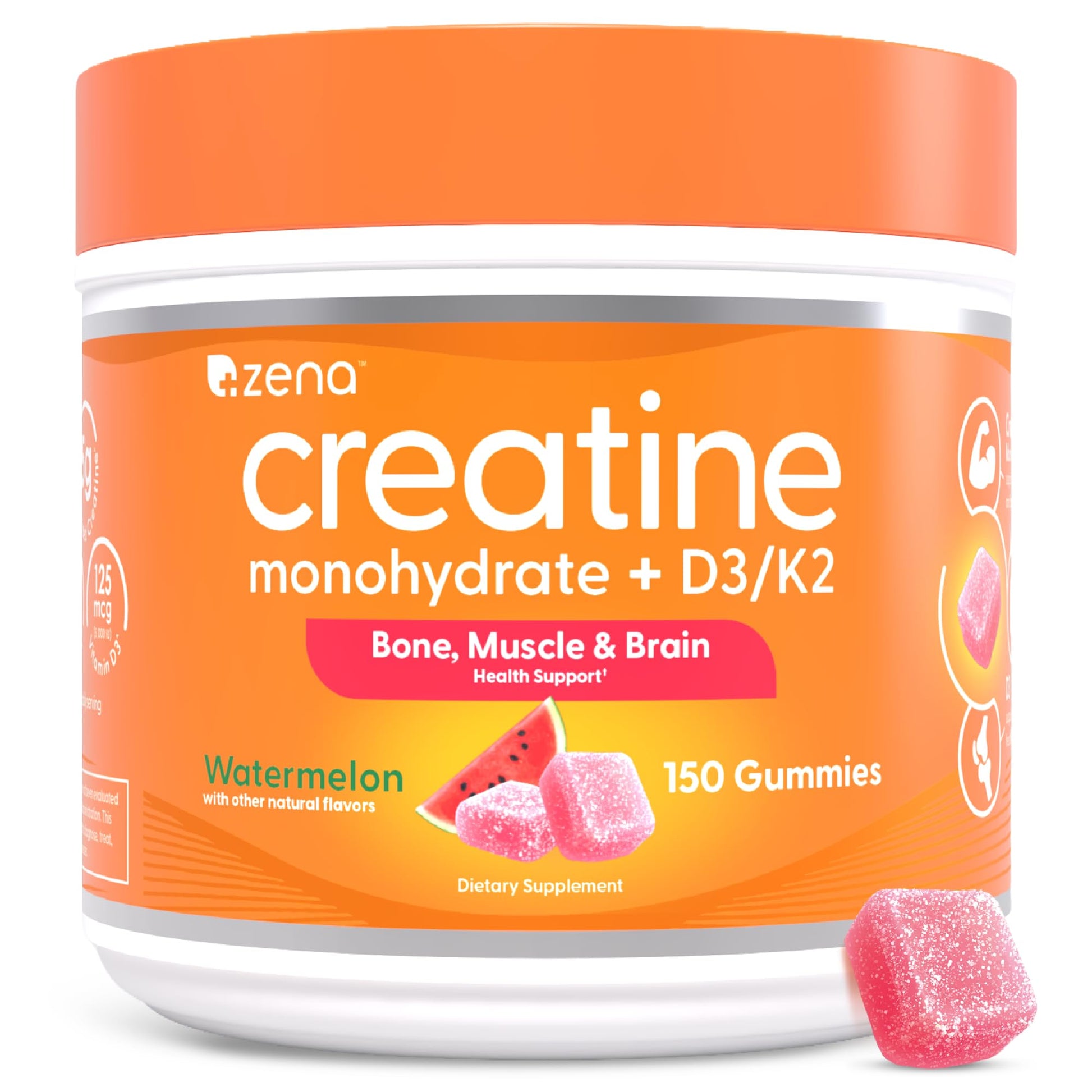 Zena Nutrition Creatine Gummies with D3 & K2, Creatine Monohydrate for Men and Women, Supports Bone, Muscle, & Cognitive Health, Gummy Workout Supplement, Watermelon Flavor, 150ct, 30 Daily Servings - Maple Wellness Supplements