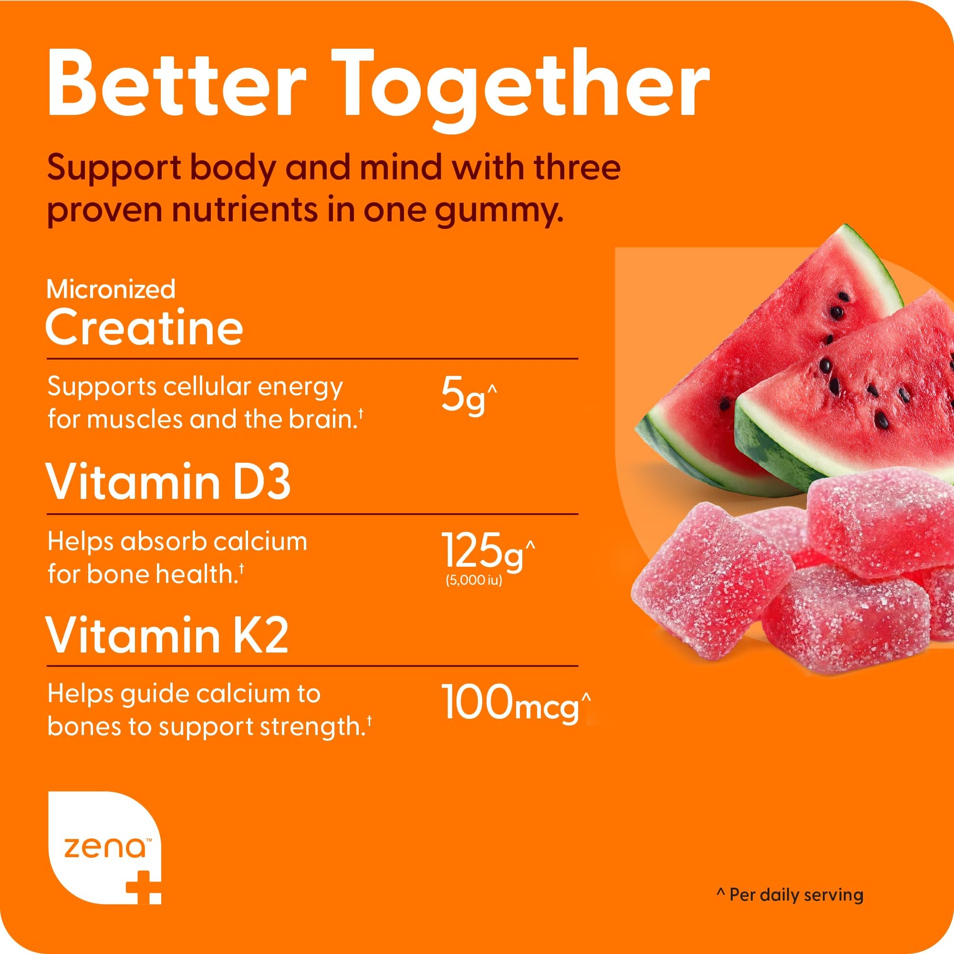 Zena Nutrition Creatine Gummies with D3 & K2, Creatine Monohydrate for Men and Women, Supports Bone, Muscle, & Cognitive Health, Gummy Workout Supplement, Watermelon Flavor, 150ct, 30 Daily Servings - Maple Wellness Supplements