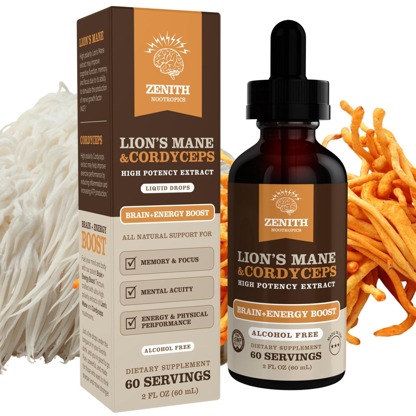 Zenith Nootropics Lion’s Mane & Cordyceps Supplement – Brain & Energy Support – Focus, Memory, Clarity, Immunity – Vegan, Alcohol-Free Tincture – Up-to 2-Month Supply, 2 fl oz - Maple Wellness Supplements