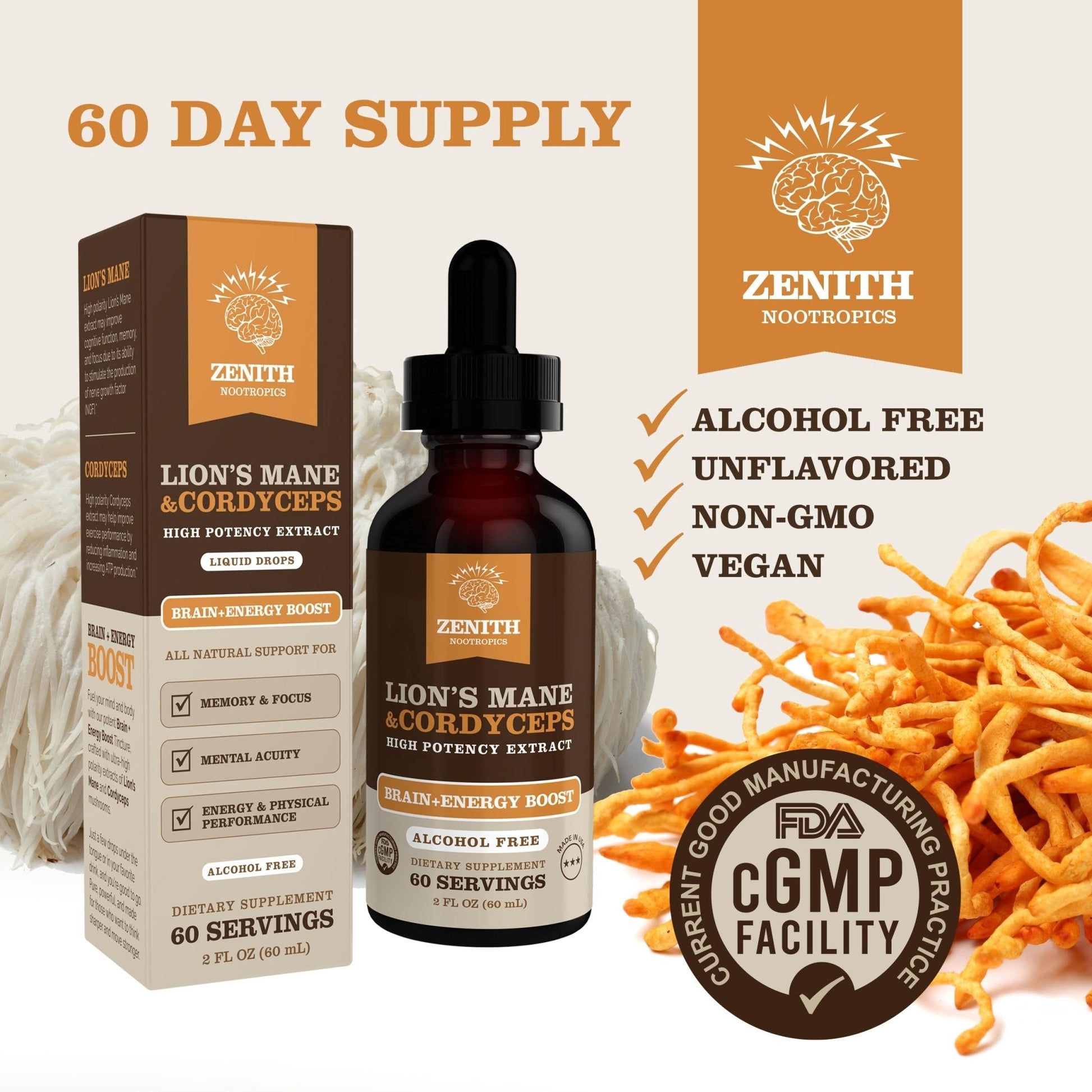 Zenith Nootropics Lion’s Mane & Cordyceps Supplement – Brain & Energy Support – Focus, Memory, Clarity, Immunity – Vegan, Alcohol-Free Tincture – Up-to 2-Month Supply, 2 fl oz - Maple Wellness Supplements