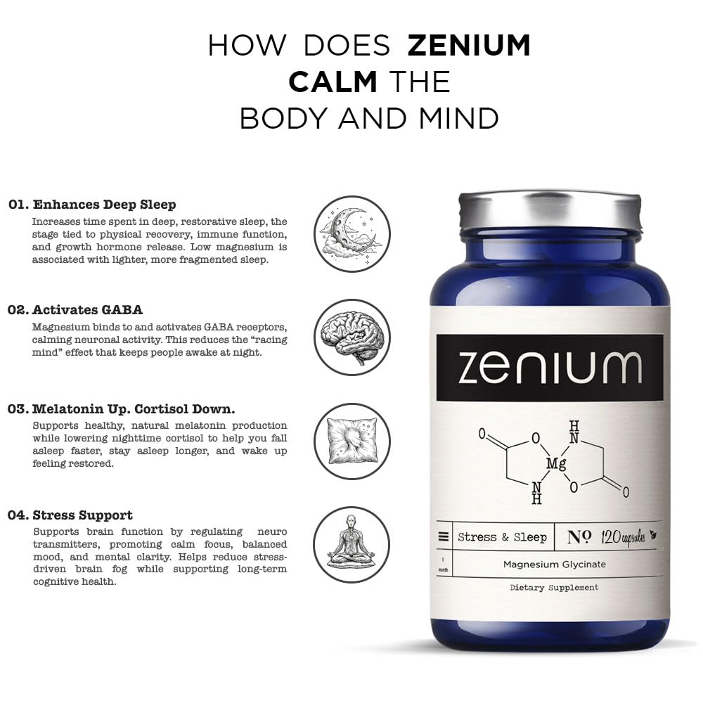 Zenium - Magnesium Glycinate for Sleep, Chelated, 600mg per Serving, 120 Capsules | High Absorption | Relieve Tension, Worry, Nervousness | Calm The Mind & Body | Ayurvedic | Natural Relief Supplement - Maple Wellness Supplements