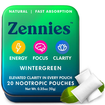Zennies Caffeine Nootropic Pouches with Alpha GPC, L-Tyrosine & L-Theanine, Lion's Mane, Cordyceps, Reishi - Nicotine Free, No Sugar or Artificial Sweeteners Nootropic Energy Pouches, Wintergreen 1 PK - Maple Wellness Supplements