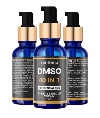 Zenrenu DMSO Cream 99.995% Pure Pharmaceutical Grade - 40-in-1 Advanced Formula -12 Essential Oils, Arnica, Aloe Vera, MSM - Fast-Absorbing Cream – 2 oz Glass Pump Bottle – Made in USA - Maple Wellness Supplements