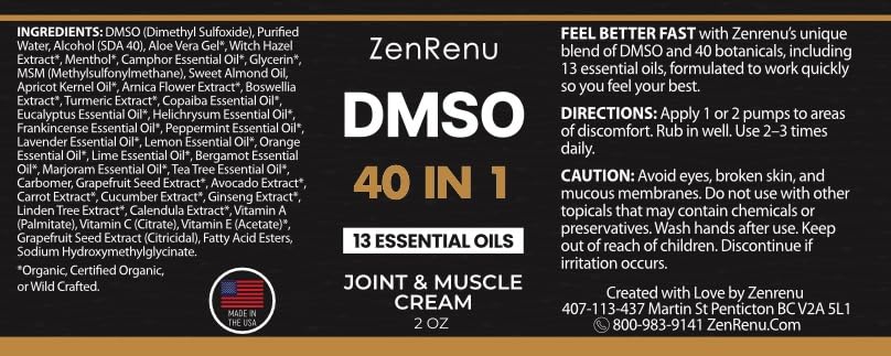 Zenrenu DMSO Cream 99.995% Pure Pharmaceutical Grade - 40-in-1 Advanced Formula -12 Essential Oils, Arnica, Aloe Vera, MSM - Fast-Absorbing Cream – 2 oz Glass Pump Bottle – Made in USA - Maple Wellness Supplements