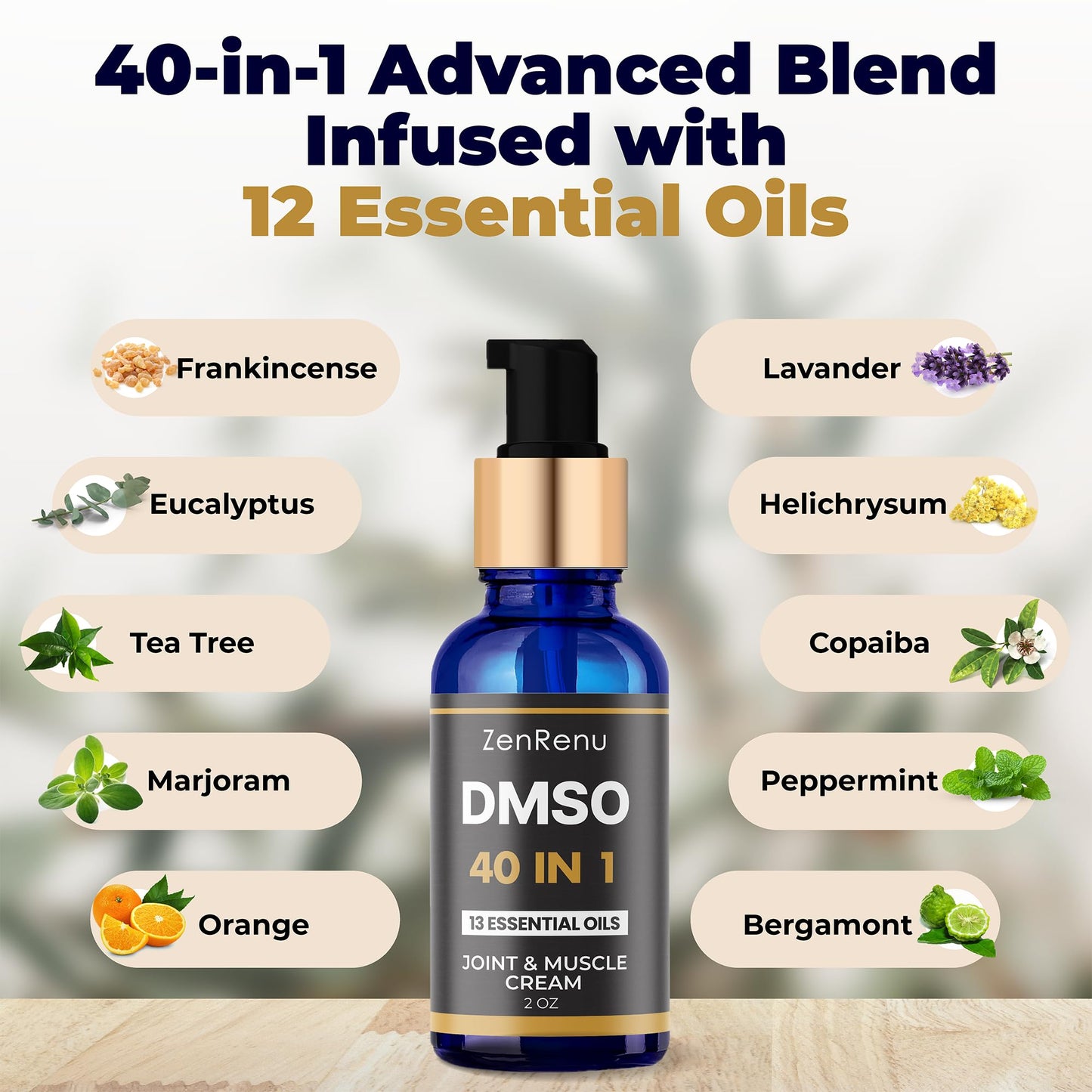 Zenrenu DMSO Cream 99.995% Pure Pharmaceutical Grade - 40-in-1 Advanced Formula -12 Essential Oils, Arnica, Aloe Vera, MSM - Fast-Absorbing Cream – 2 oz Glass Pump Bottle – Made in USA - Maple Wellness Supplements