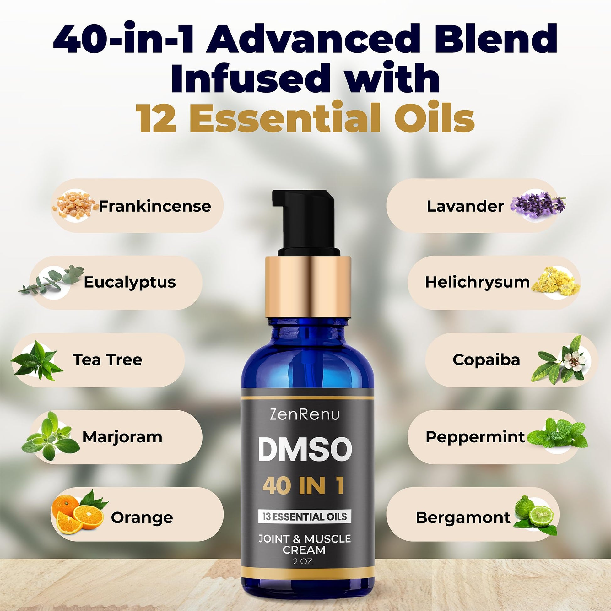 Zenrenu DMSO Cream 99.995% Pure Pharmaceutical Grade - 40-in-1 Advanced Formula -12 Essential Oils, Arnica, Aloe Vera, MSM - Fast-Absorbing Cream – 2 oz Glass Pump Bottle – Made in USA - Maple Wellness Supplements