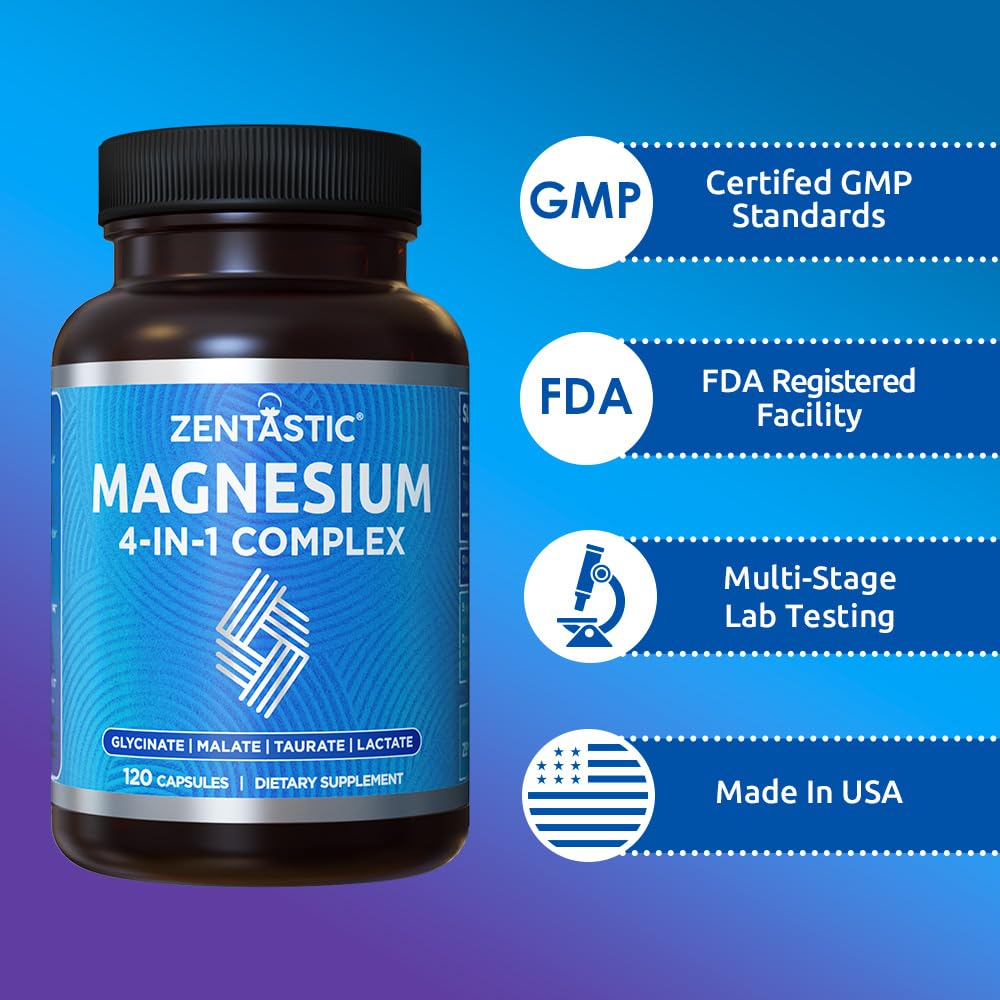 Zentastic Magnesium Complex 4-in-1 Supplement – Magnesium Glycinate, Malate, Taurate & Lactate – Chelated High Absorption for Nerves, - Maple Wellness Supplements