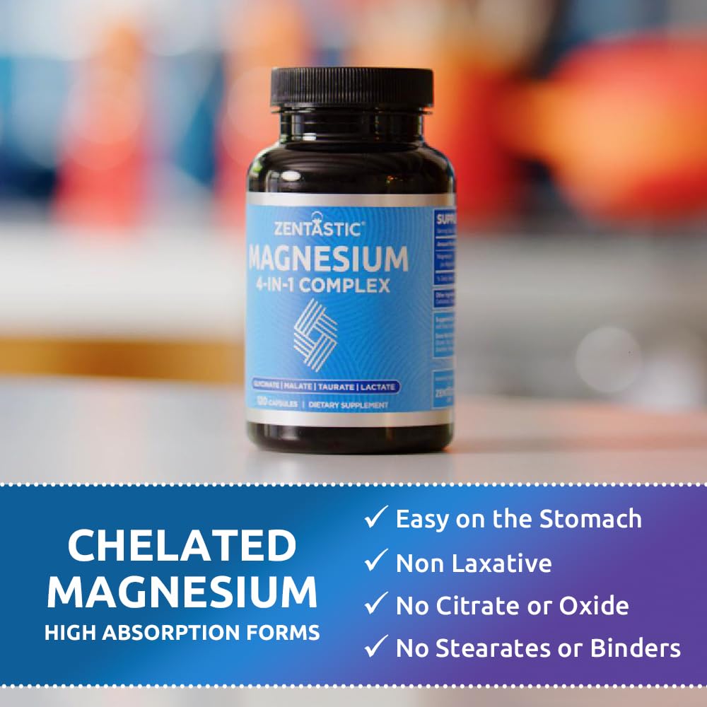 Zentastic Magnesium Complex 4-in-1 Supplement – Magnesium Glycinate, Malate, Taurate & Lactate – Chelated High Absorption for Nerves, - Maple Wellness Supplements