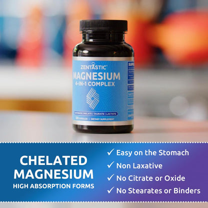 Zentastic Magnesium Complex 4-in-1 Supplement – Magnesium Glycinate, Malate, Taurate & Lactate – Chelated High Absorption for Nerves, - Maple Wellness Supplements