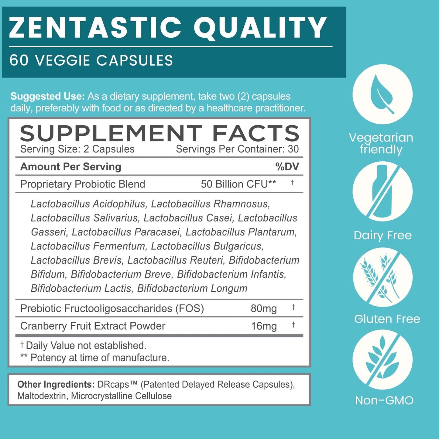 Zentastic Probiotics & Prebiotics Supplement - 50 Billion CFU - for Men & Women’s Immune & Digestive Health - 16 Strains - Shelf Stable - Maple Wellness Supplements