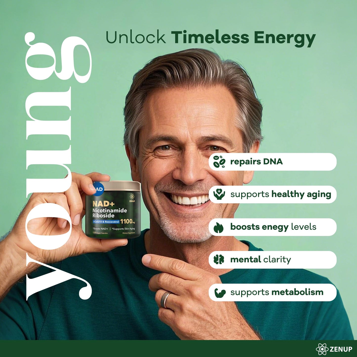 ZenUP NAD+ Supplement | 1100mg Liposomal Nicotinamide Riboside with Resveratrol & Quercetin | Anti-Aging, Cellular Energy, Mental Focus | 120 Caps - Maple Wellness Supplements