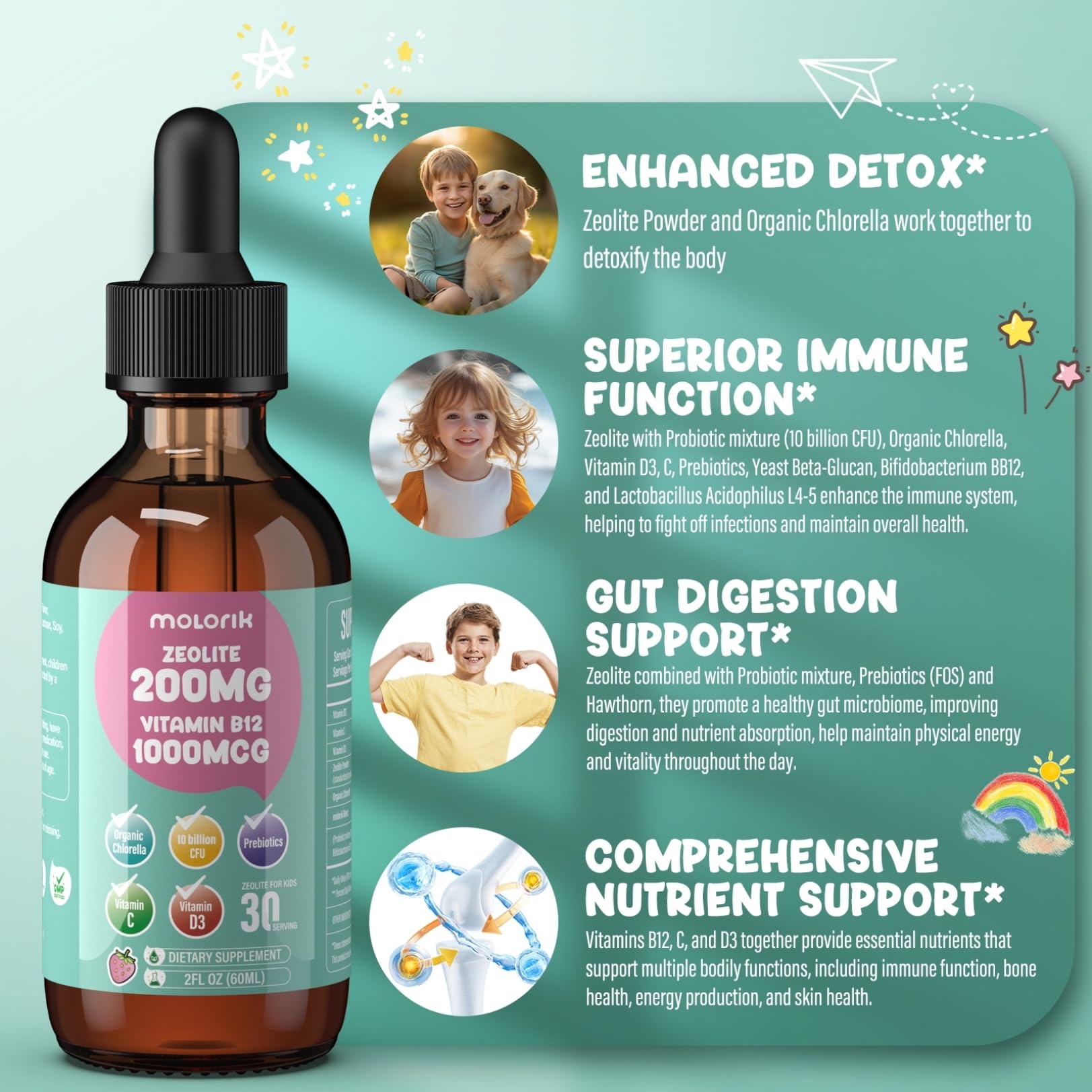 Zeolite Detox for Kids and Adults, 200mg Zeolite Liquid Drops with 1000mcg Vitamin B12, Organic Chlorella, 10 billion CFU & Prebiotics for Gut Support & Speech, Immune, Bone, Energy*, Strawberry, 60ML - Maple Wellness Supplements