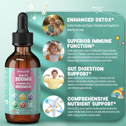 Zeolite Detox for Kids and Adults, 200mg Zeolite Liquid Drops with 1000mcg Vitamin B12, Organic Chlorella, 10 billion CFU & Prebiotics for Gut Support & Speech, Immune, Bone, Energy*, Strawberry, 60ML - Maple Wellness Supplements