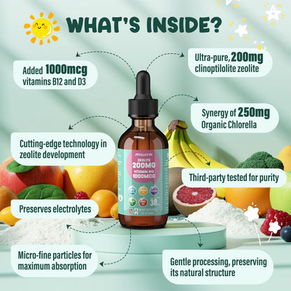 Zeolite Detox for Kids and Adults, 200mg Zeolite Liquid Drops with 1000mcg Vitamin B12, Organic Chlorella, 10 billion CFU & Prebiotics for Gut Support & Speech, Immune, Bone, Energy*, Strawberry, 60ML - Maple Wellness Supplements