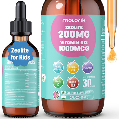 Zeolite Detox for Kids and Adults, 200mg Zeolite Liquid Drops with 1000mcg Vitamin B12, Organic Chlorella, 10 billion CFU & Prebiotics for Gut Support & Speech, Immune, Bone, Energy*, Strawberry, 60ML - Maple Wellness Supplements
