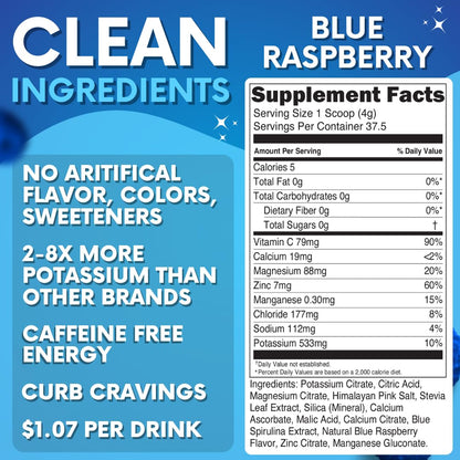 Zero Sugar - Blue Raspberry Electrolytes Powder - Refreshing Hydration - Caffeine Free Energy - All Natural Ingredients - Vegan, Keto and Paleo - Sugar Free Electrolyte Powder Drink Mix - 37 Servings - Maple Wellness Supplements