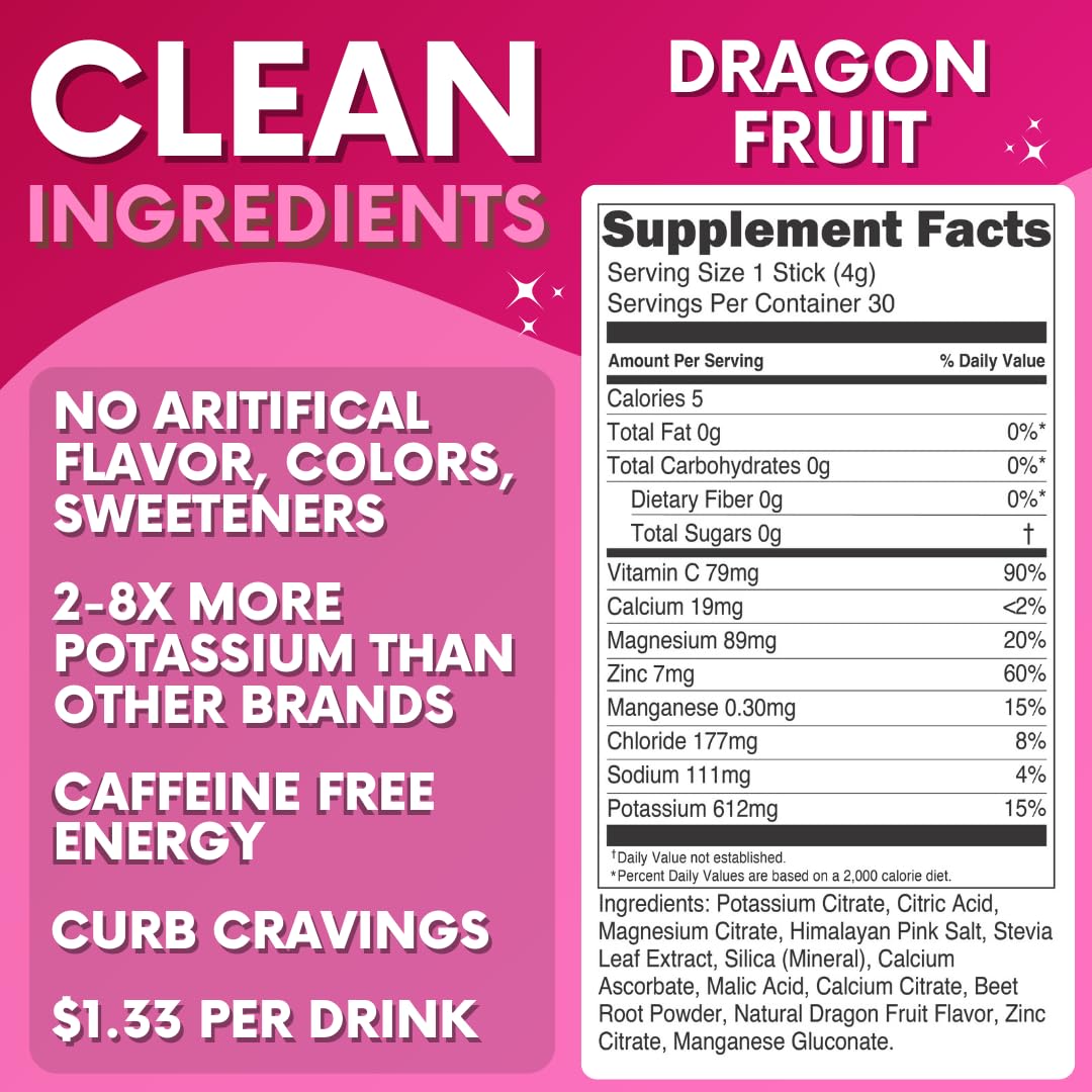 Zero Sugar Dragon Fruit Electrolytes Sticks - Refreshing Hydration - Caffeine Free Energy with Natural Ingredients - Vegan, Keto & Paleo - Maple Wellness Supplements