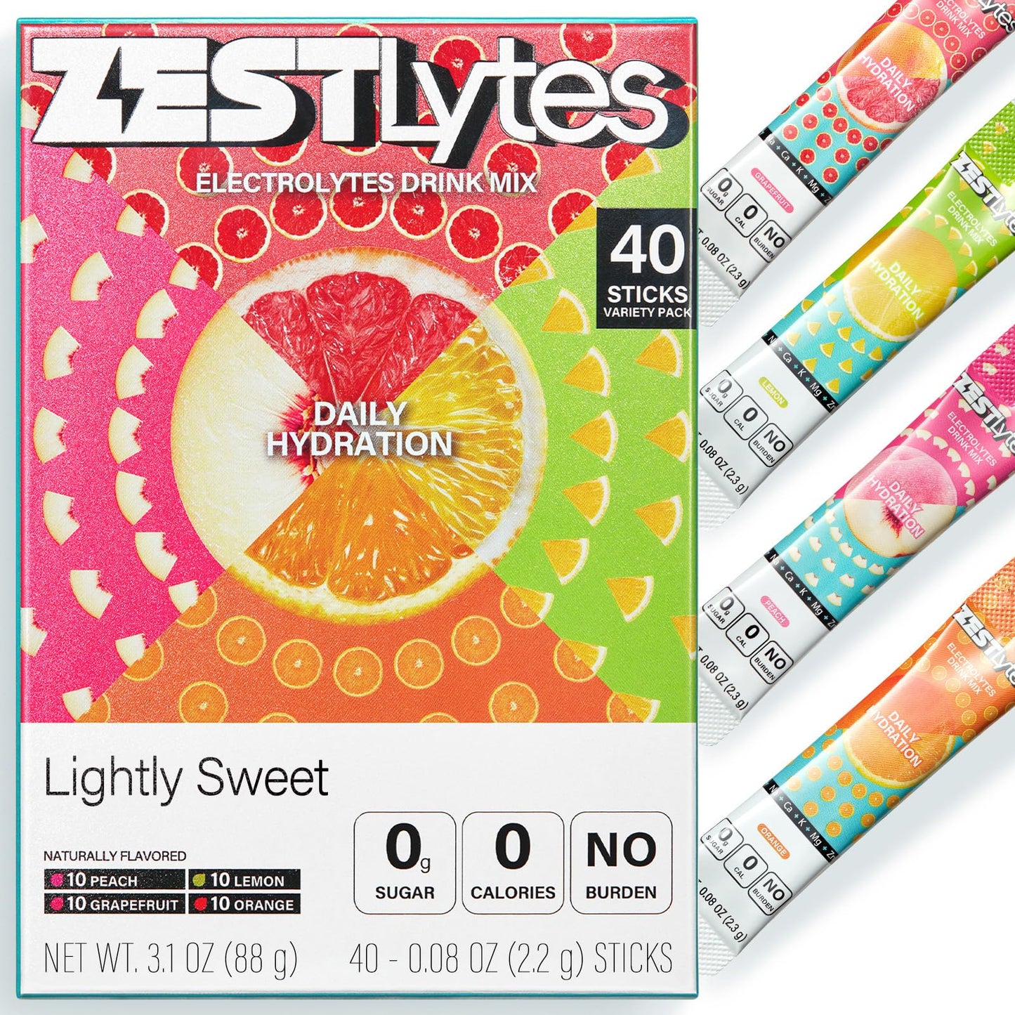ZestLytes 40 Sticks Low Sodium Sugar Free & 0 Calorie Electrolyte Hydration Packets, Lightly Sweet Electrolyte Powder Drink Mix, Liquid Daily IV Flavors | Lemon Orange Peach Grapefruit - Maple Wellness Supplements