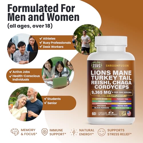 Zeus Naturals Lions Mane Capsules, Mushroom Supplement with Turkey Tail, Cordyceps - Maple Wellness Supplements