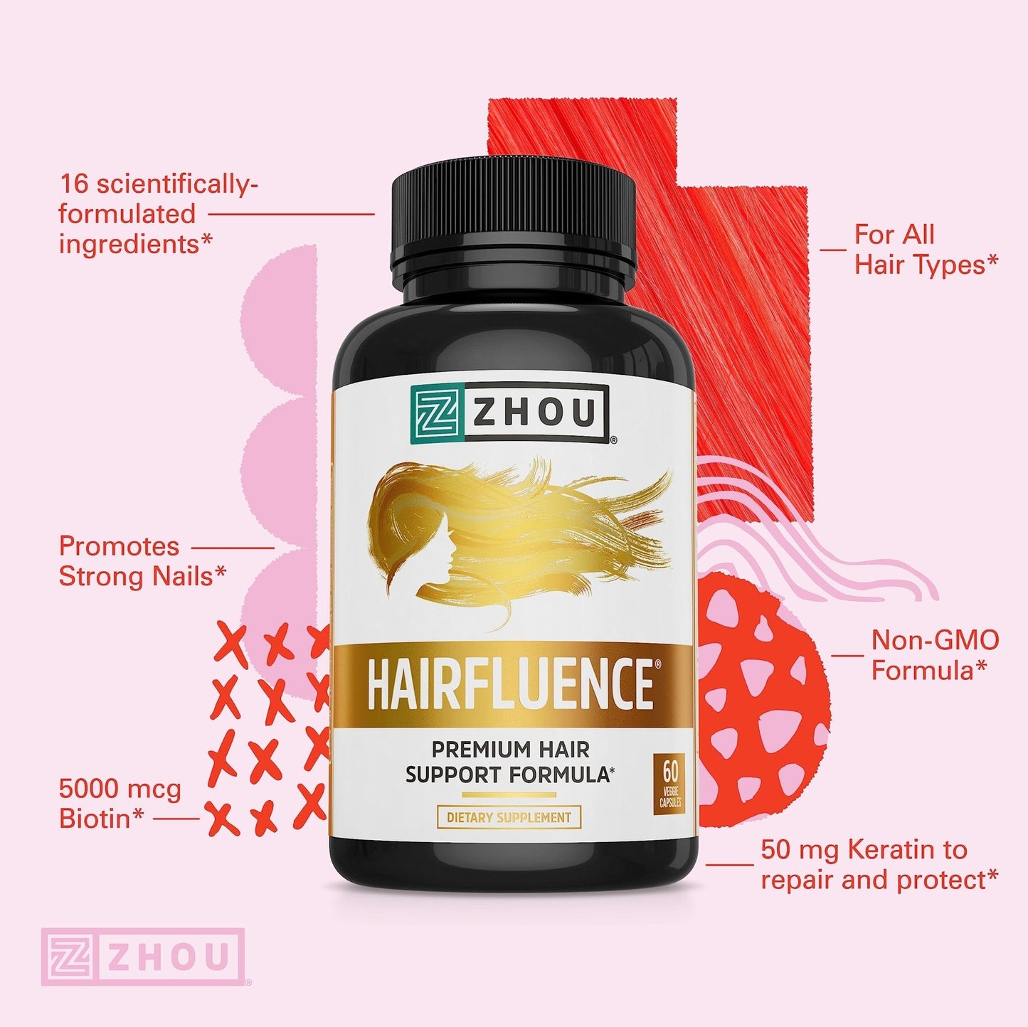 Zhou Hairfluence, Hair Growth Supplement with Biotin 5000mcg, Collagen, Keratin, - Maple Wellness Supplements