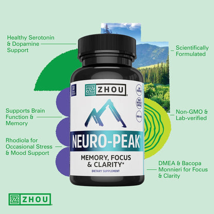 Zhou Neuro-Peak - Brain Supplements for Memory and Focus, Nootropic for Men & Women, Brain Support Pill for Adults, Brain Vitamins - 30 Veggie Capsules (Pack of 1) - Maple Wellness Supplements