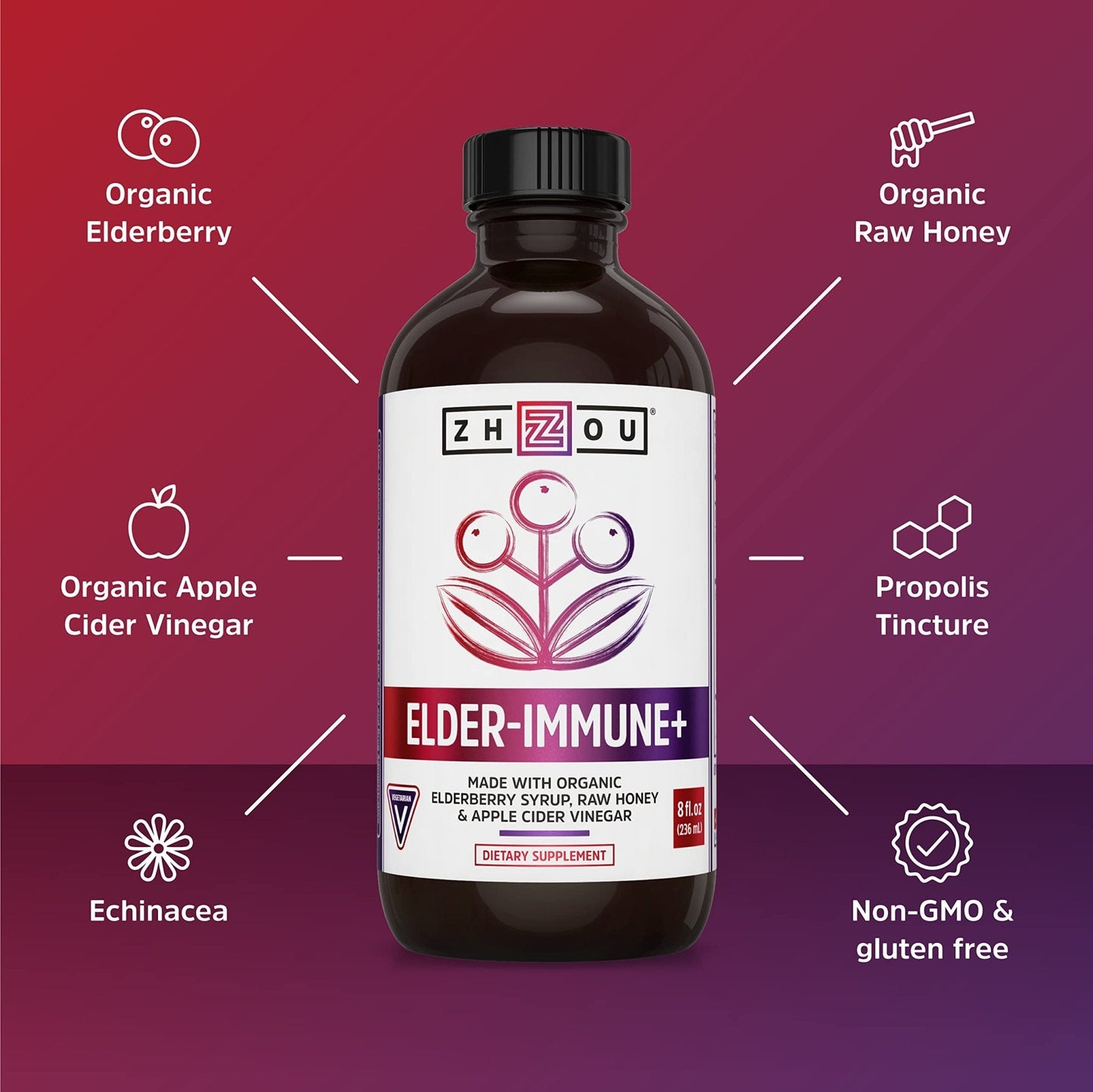 Zhou Nutrition Elderberry Syrup, Immune System Booster with Organic Elderberry Syrup - Maple Wellness Supplements