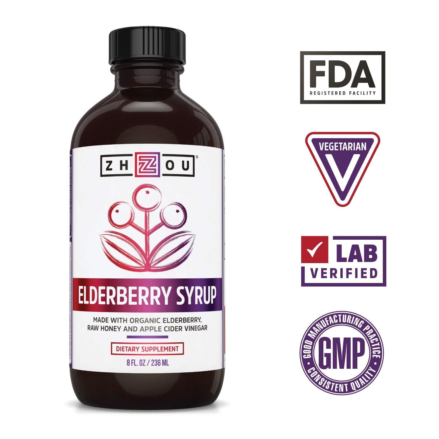 Zhou Nutrition Elderberry Syrup, Immune System Booster with Organic Elderberry Syrup - Maple Wellness Supplements