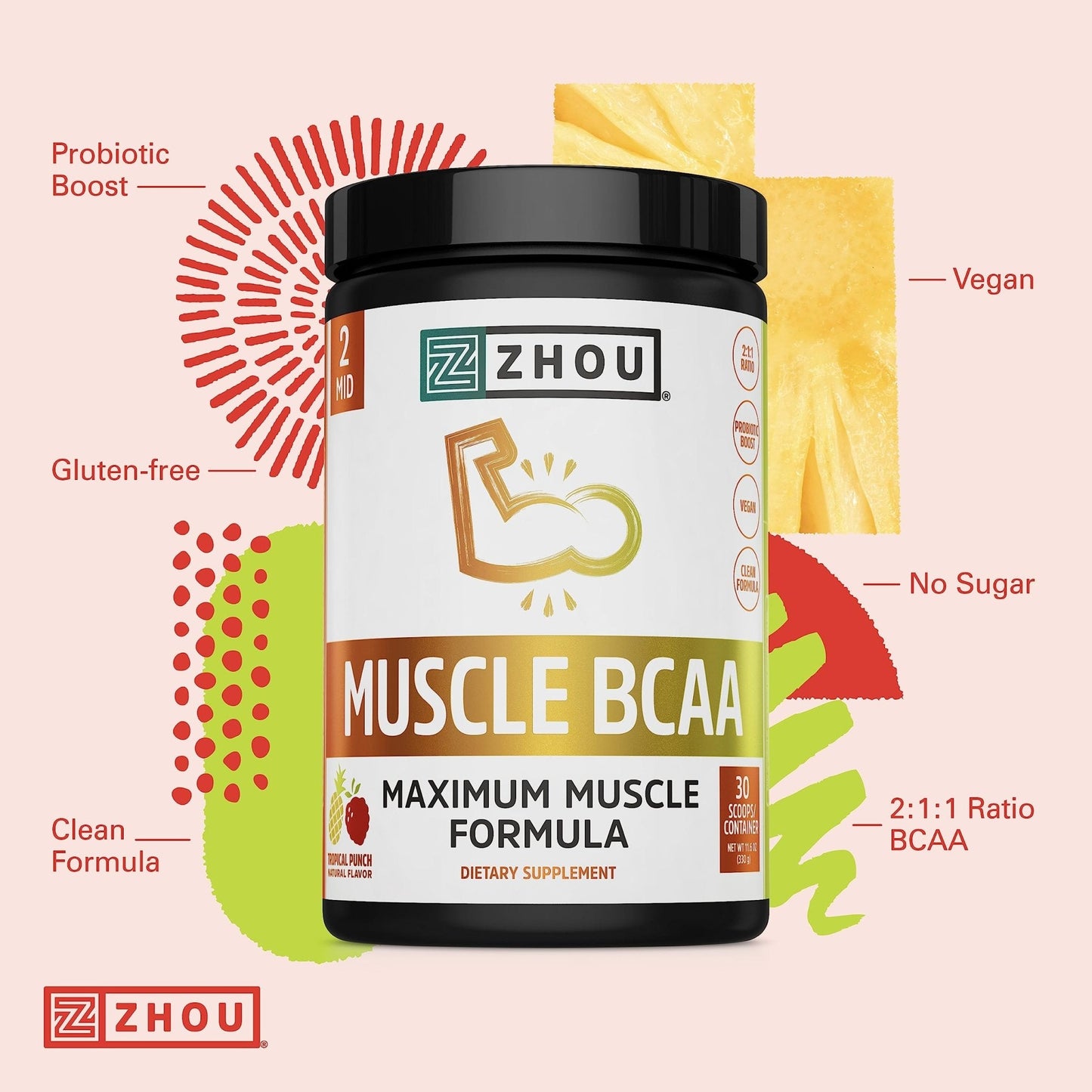 Zhou Nutrition Muscle BCAA Powder, Vegan Muscle Recovery, Natural, Clean Formula - Maple Wellness Supplements