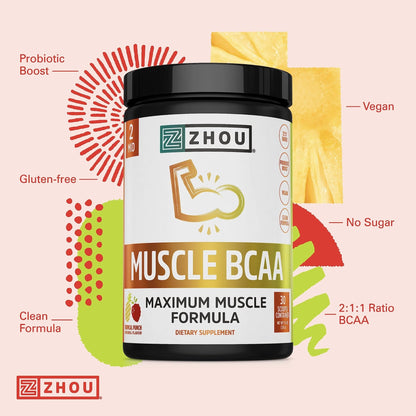 Zhou Nutrition Muscle BCAA Powder, Vegan Muscle Recovery, Natural, Clean Formula - Maple Wellness Supplements