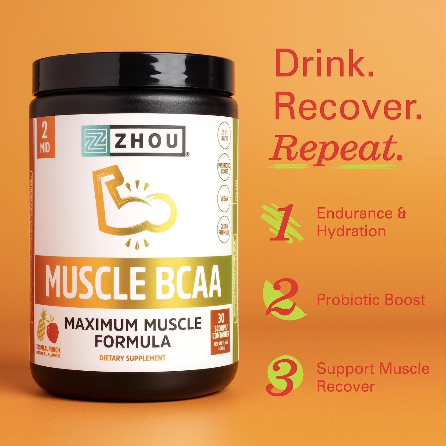 Zhou Nutrition Muscle BCAA Powder, Vegan Muscle Recovery, Natural, Clean Formula - Maple Wellness Supplements