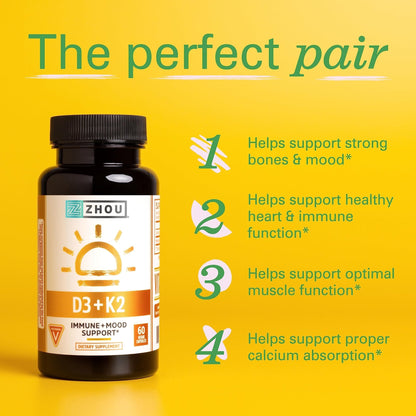 Zhou Nutrition Vitamin D3 K2, Bone and Heart Health Formula 5000 IU Vitamin D3 & 90 mcg - Maple Wellness Supplements