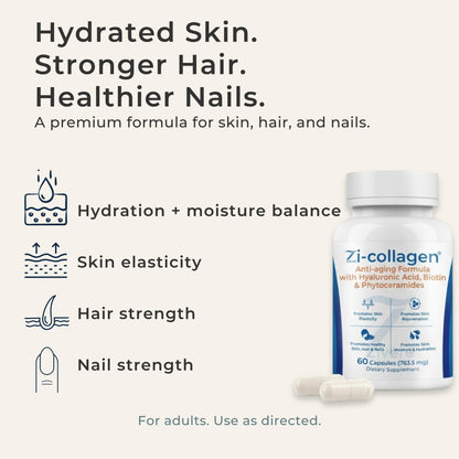 Zi-Collagen Marine Collagen Capsules for Skin, Hair & Nails Support – with Phytoceramides, Hyaluronic Acid, Biotin - Maple Wellness Supplements